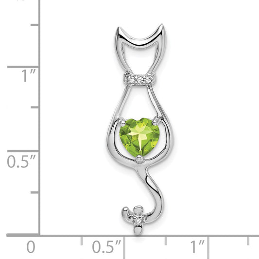10k White Gold 6mm Heart Peridot and Diamond Cat Pendant