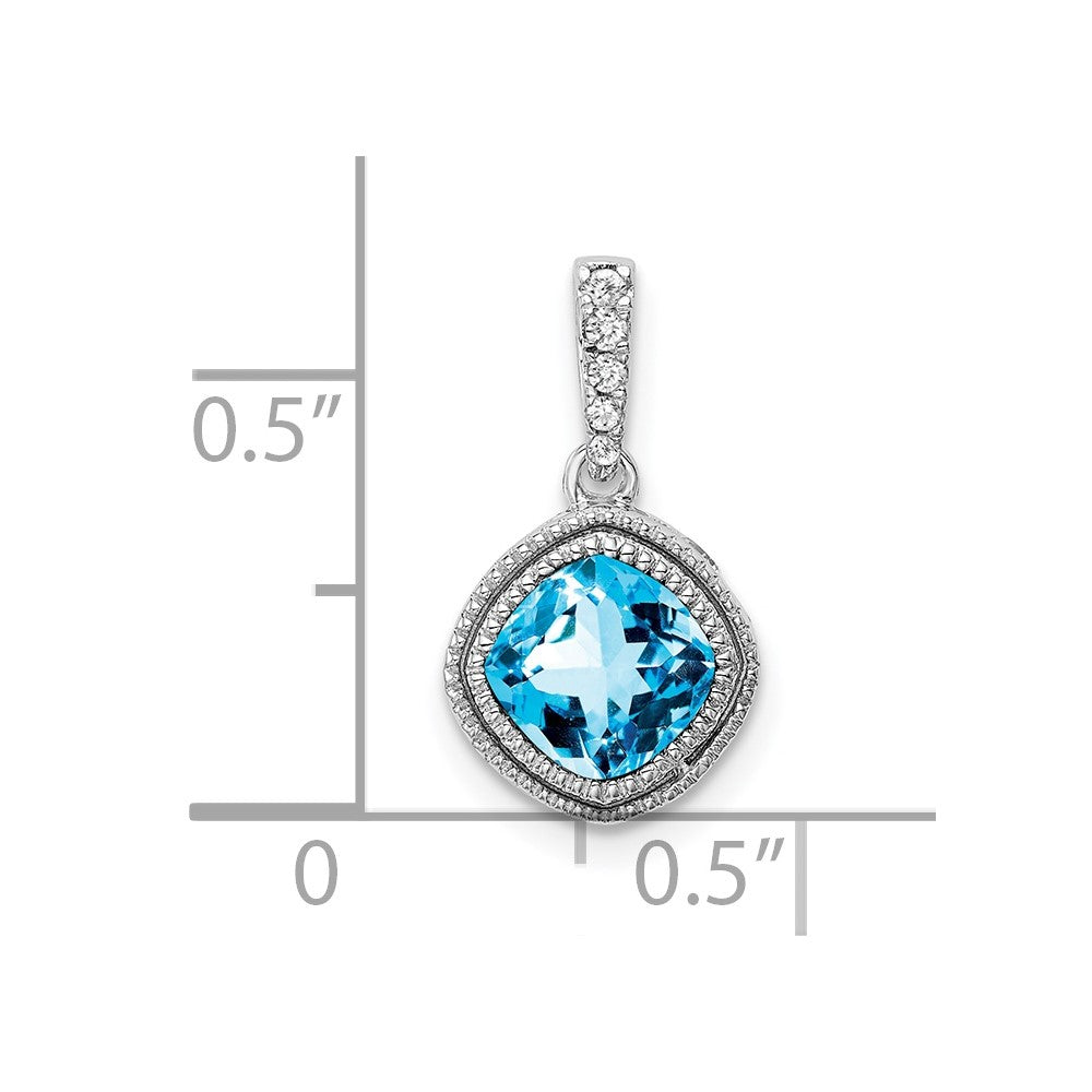10k White Gold Cushion Blue Topaz and Diamond Pendant