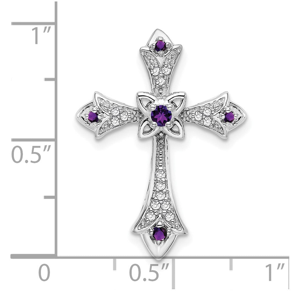 10k White Gold Amethyst and 1/15 carat Diamond Fleur de Lis Cross Chain Slide