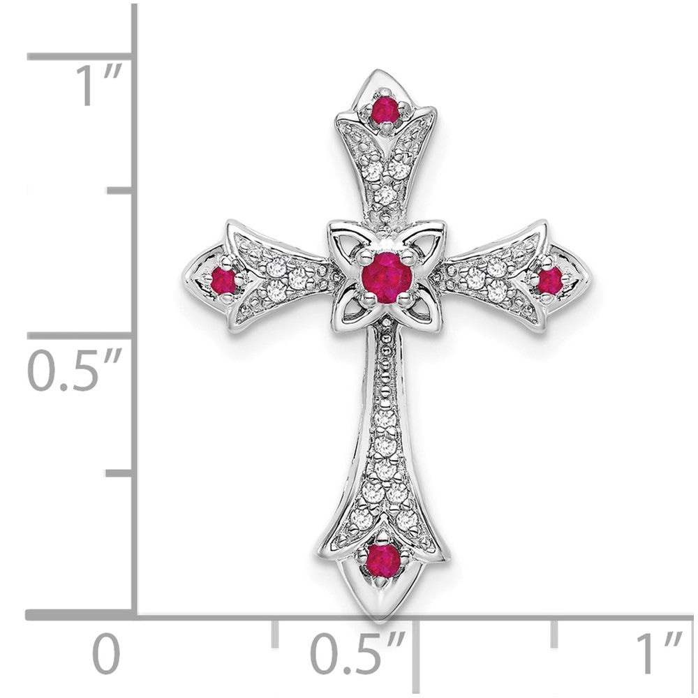 10K White Gold Ruby and Diamond Fleur de Lis Cross Chain Slide