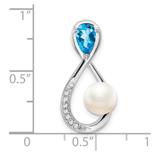 10k White Gold Blue Topaz/Freshwater Cultured Pearl/Diamond Infinity Chain Slide
