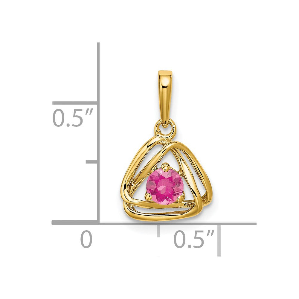 14k 4mm Round October/Pink Tourmaline Triangle Pendant