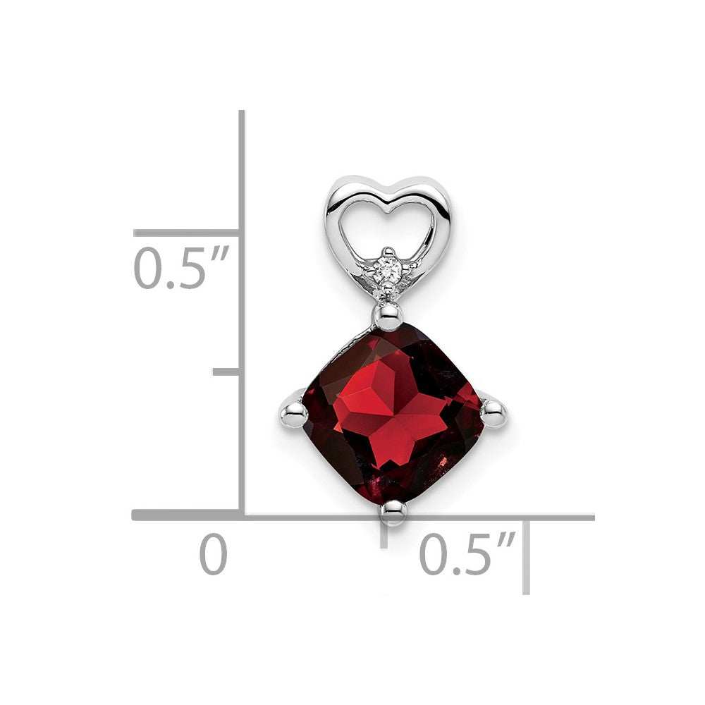 14k White Gold 7mm Cushion January/Garnet and Diamond Heart Chain Slide