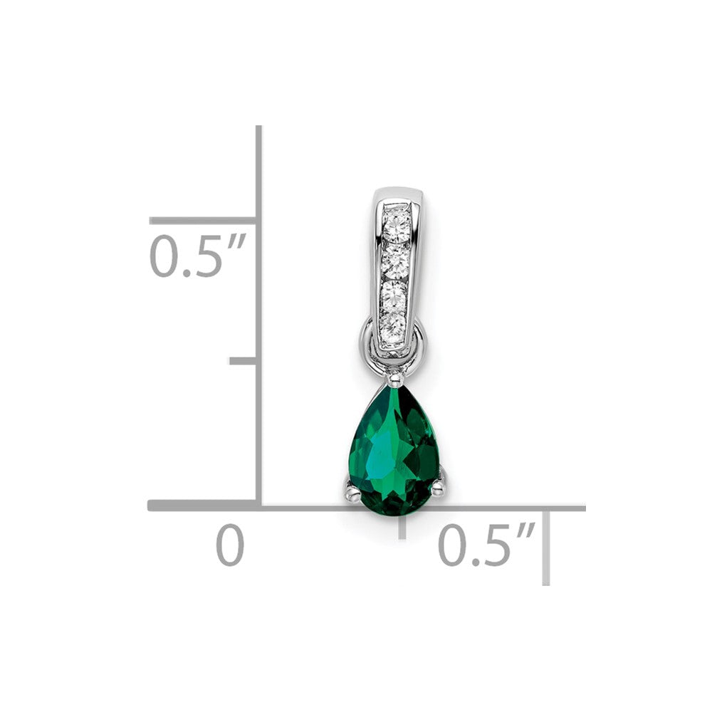 10k White Gold Pear Created Emerald and Diamond Pendant