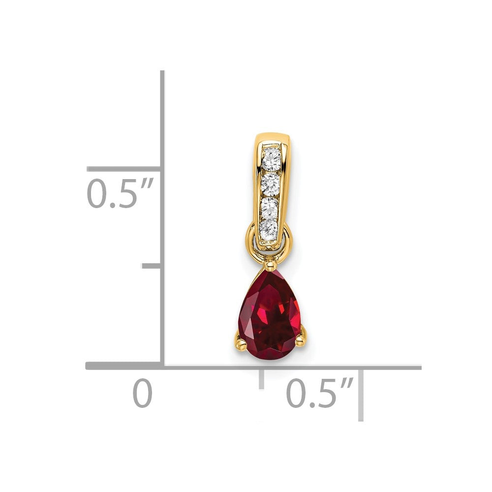 10k Yellow Gold Pear Created Ruby and Diamond Pendant