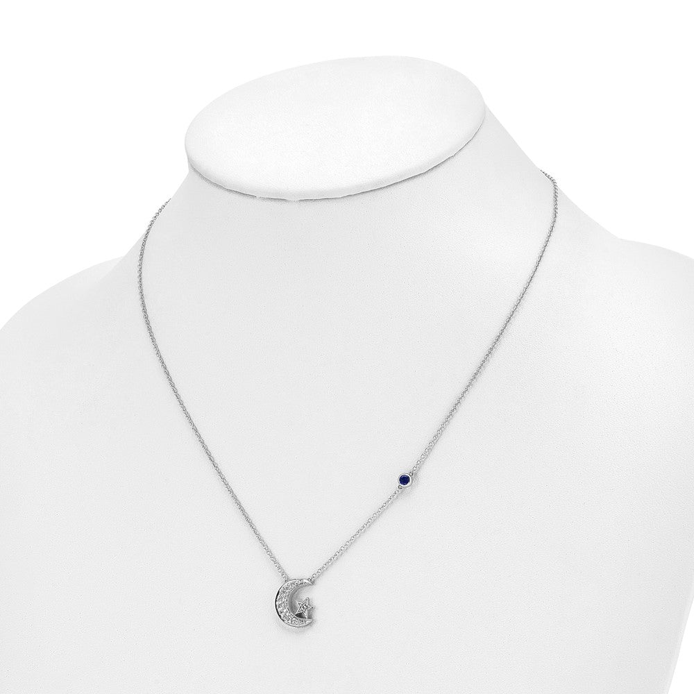 14k White Gold 1/5 carat Lab Grown Diamond VS/SI+ G+ Complete Moon and Star with Created Sapphire Accent 18 inch Necklace