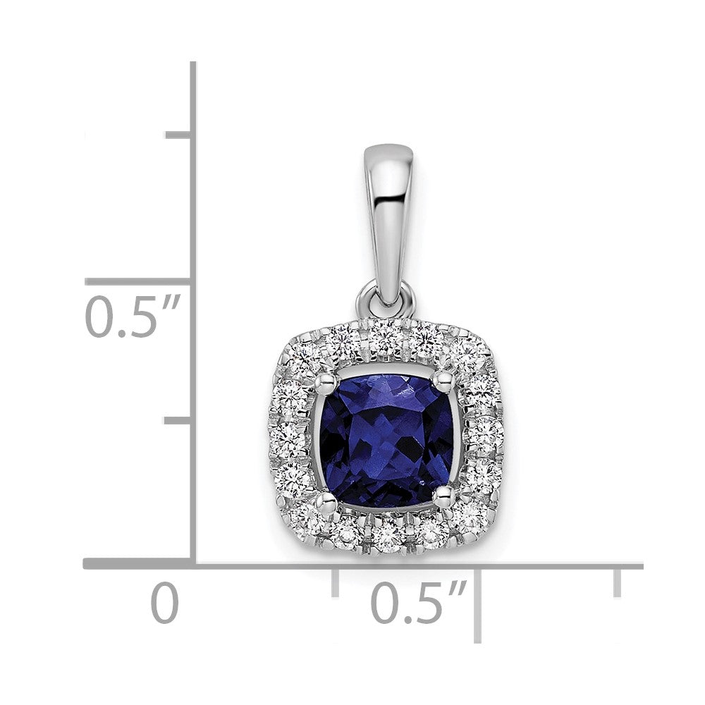 14k White Gold 1/4 carat Lab Grown Diamond VS/SI+ G+ September Birthstone Lab Created Blue Sapphire Halo Pendant