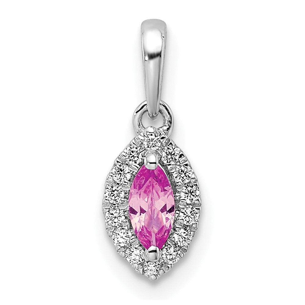 14k White Gold 1/10 carat Lab Grown Diamond VS/SI+ G+ and Lab Created Pink Sapphire October Birthstone Pendant