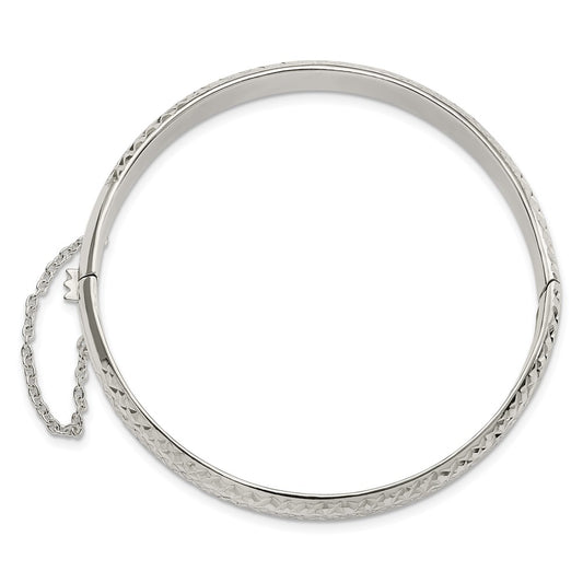 Sterling Silver Rhodium-plated Polished and D/C 7.00mm Hinged Bangle