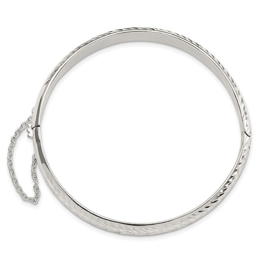 Sterling Silver Rhodium-plated Polished Diamond-cut 7.25mm Hinged Bangle with Safety Chain