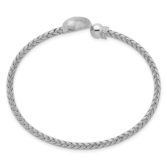 Sterling Silver Rhodium-plated Brushed Heart and CZ Flexible Cuff Bangle