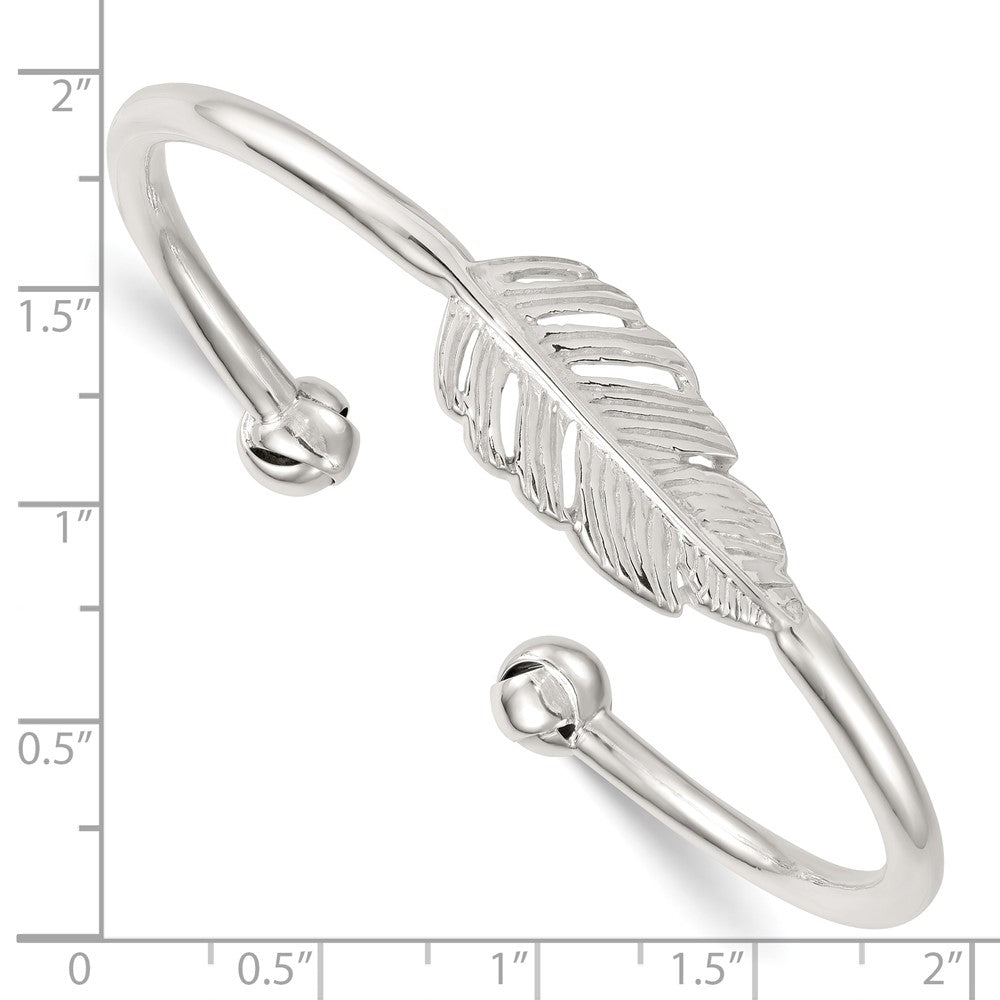 Sterling Silver Polished and Grooved Feather Cuff Bangle