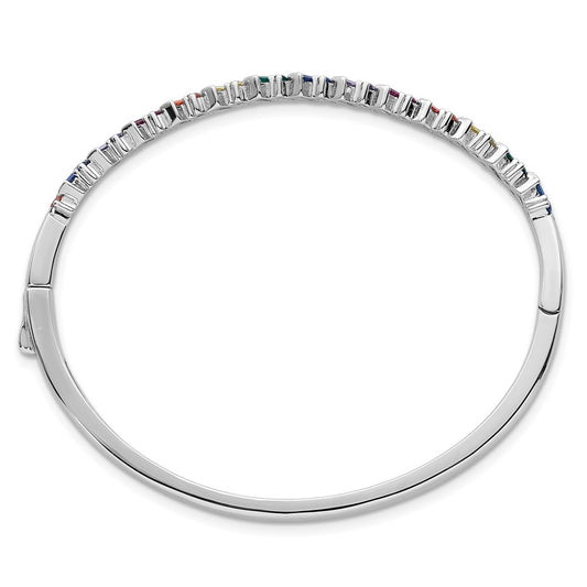 Sterling Silver Rhodium-plated Polished Multi-color Rainbow Round and Emerald-shape Nano Crystal Hinged Bangle