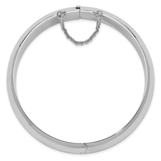 Sterling Silver Rhodium-plated Polished Domed 15mm Hinged Bangle Bracelet with Safety Chain