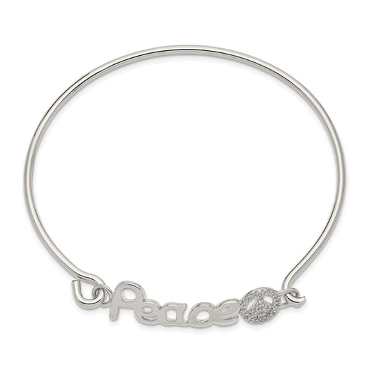 Sterling Silver Rhodium-plated Polished PEACE with CZ Peace Sign Hook Closure Bangle