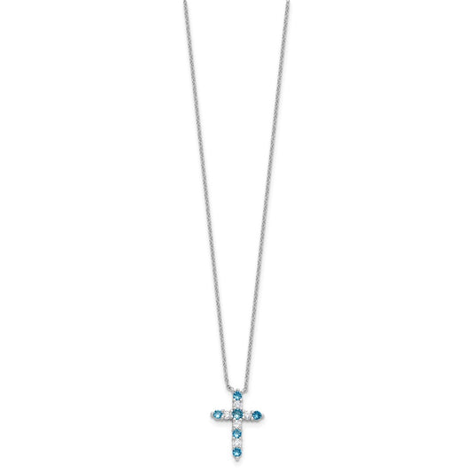 SS Rhodium-plated Blue CZ December Birthstone Cross w/2in ext Necklace