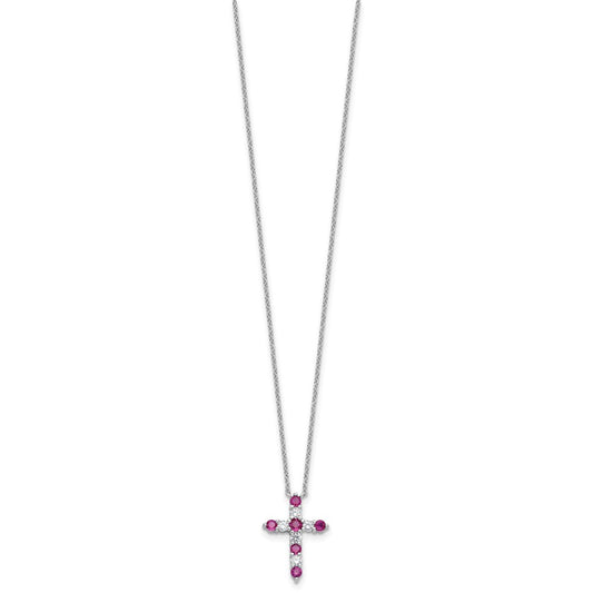 SS Rhodium-plated Dark Pink CZ July Birthstone Cross w/2in ext Necklace