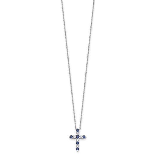 SS Rhodium-plated Dark Blue CZ Sept Birthstone Cross w/2in ext Necklace