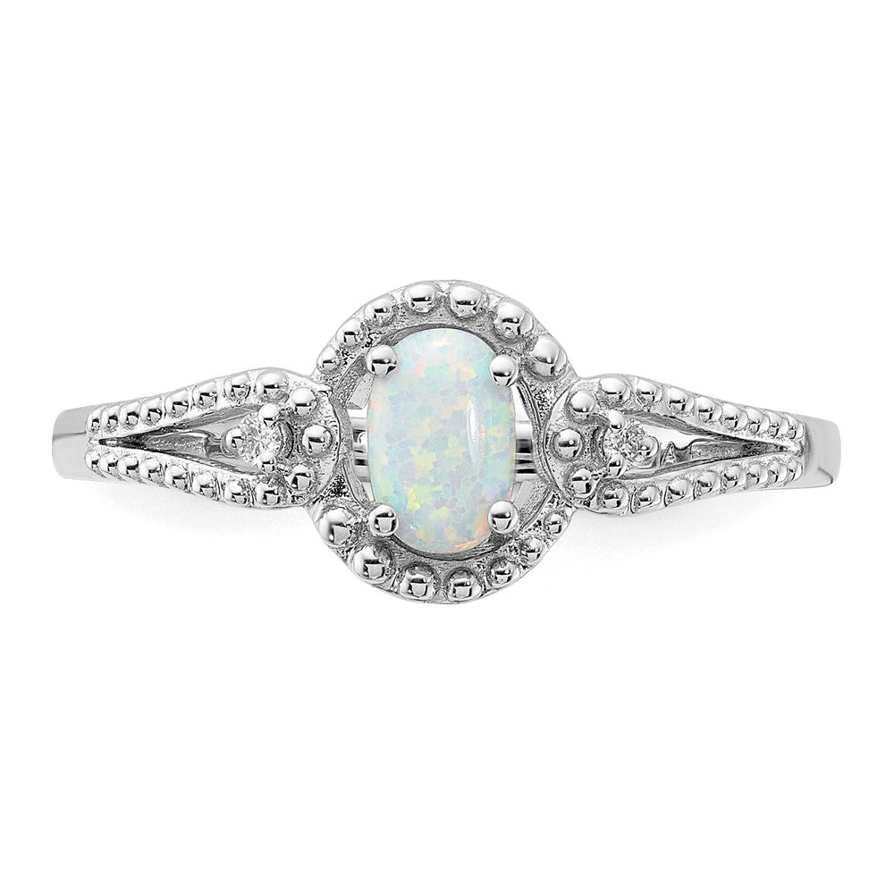 Sterling Silver Rhodium-plated Created Opal & Diam. Ring