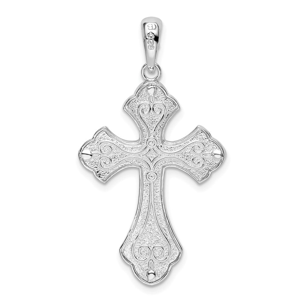 De-Ani Sterling Silver Rhodium-Plated Diamond-Cut Fleur de Lis Cross Pendant