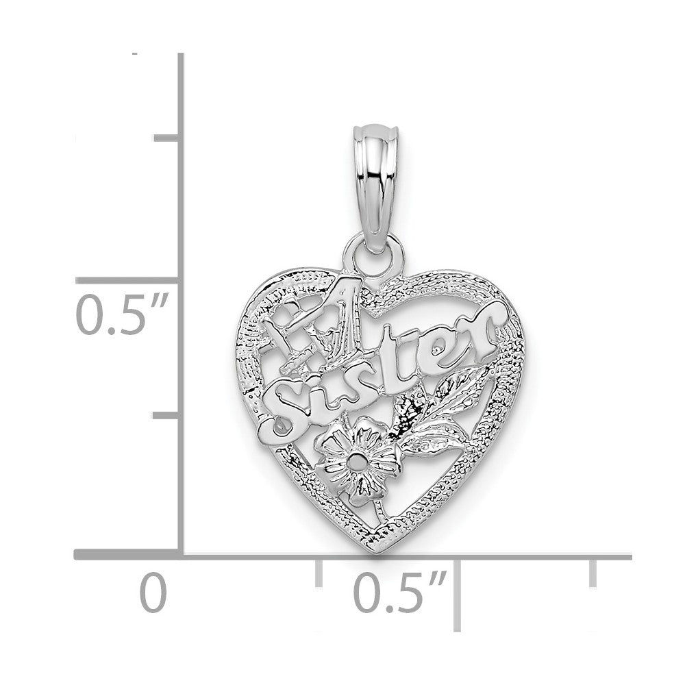 De-Ani Sterling Silver Rhodium-Plated Polished #1 Sister with Flower Heart Pendant