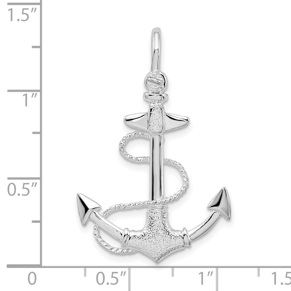 De-Ani Sterling Silver Rhodium-Plated Polished and Textured 3D Anchor with Rope Pendant