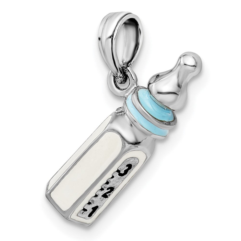De-Ani Sterling Silver Rhodium-Plated Polished 3D Blue Baby Bottle Pendant
