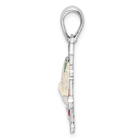 De-Ani Sterling Silver Rhodium-Plated Polished Enameled Bells and Holly Pendant