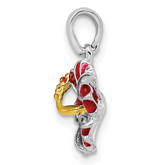De-Ani Sterling Silver Rhodium-Plated Polished Enameled Red Hibiscus Pendant