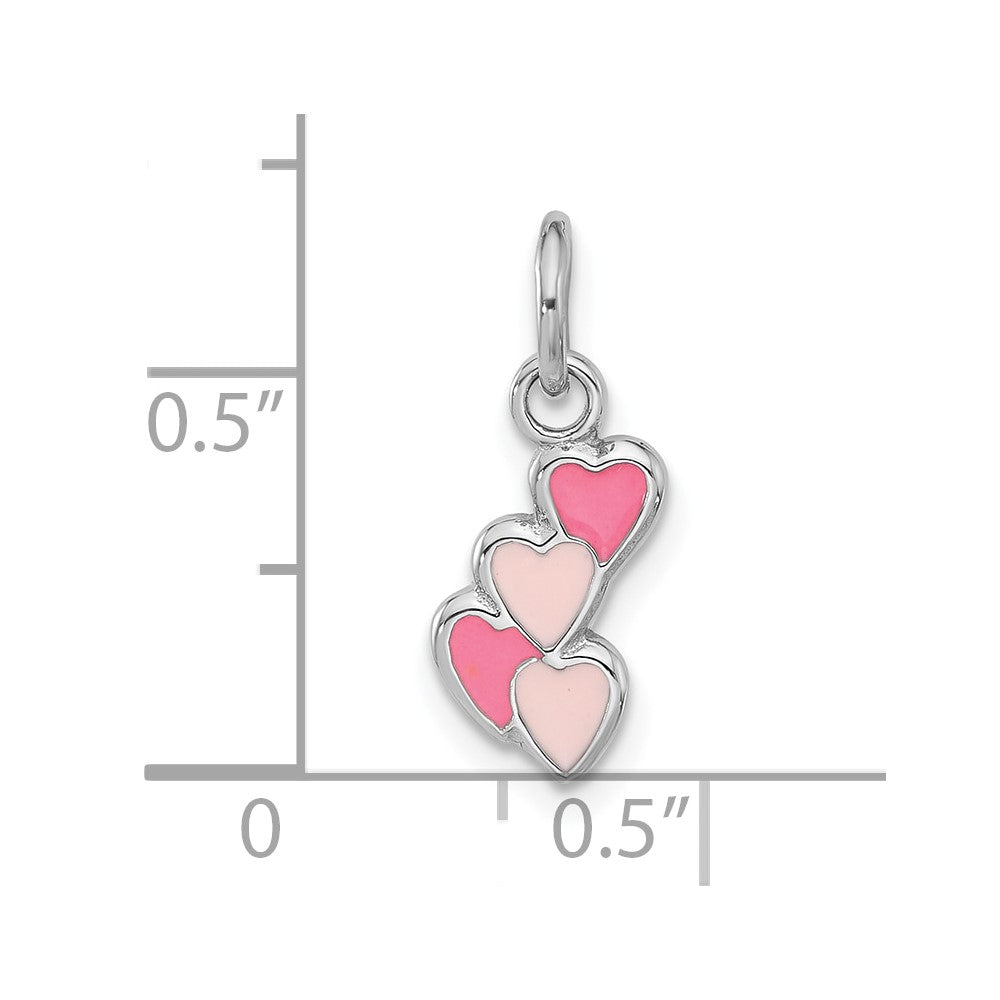 Sterling Silver Rhodium-plated Pink Enameled Hearts Charm Pendant