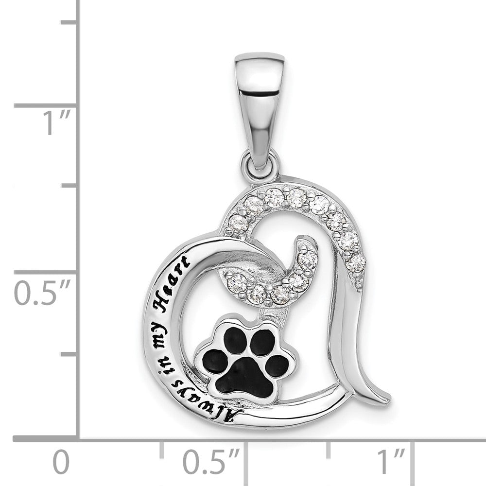 Sterling Silver Rh-plated Enamel CZ Paw ALWAYS IN MY HEART Pendant