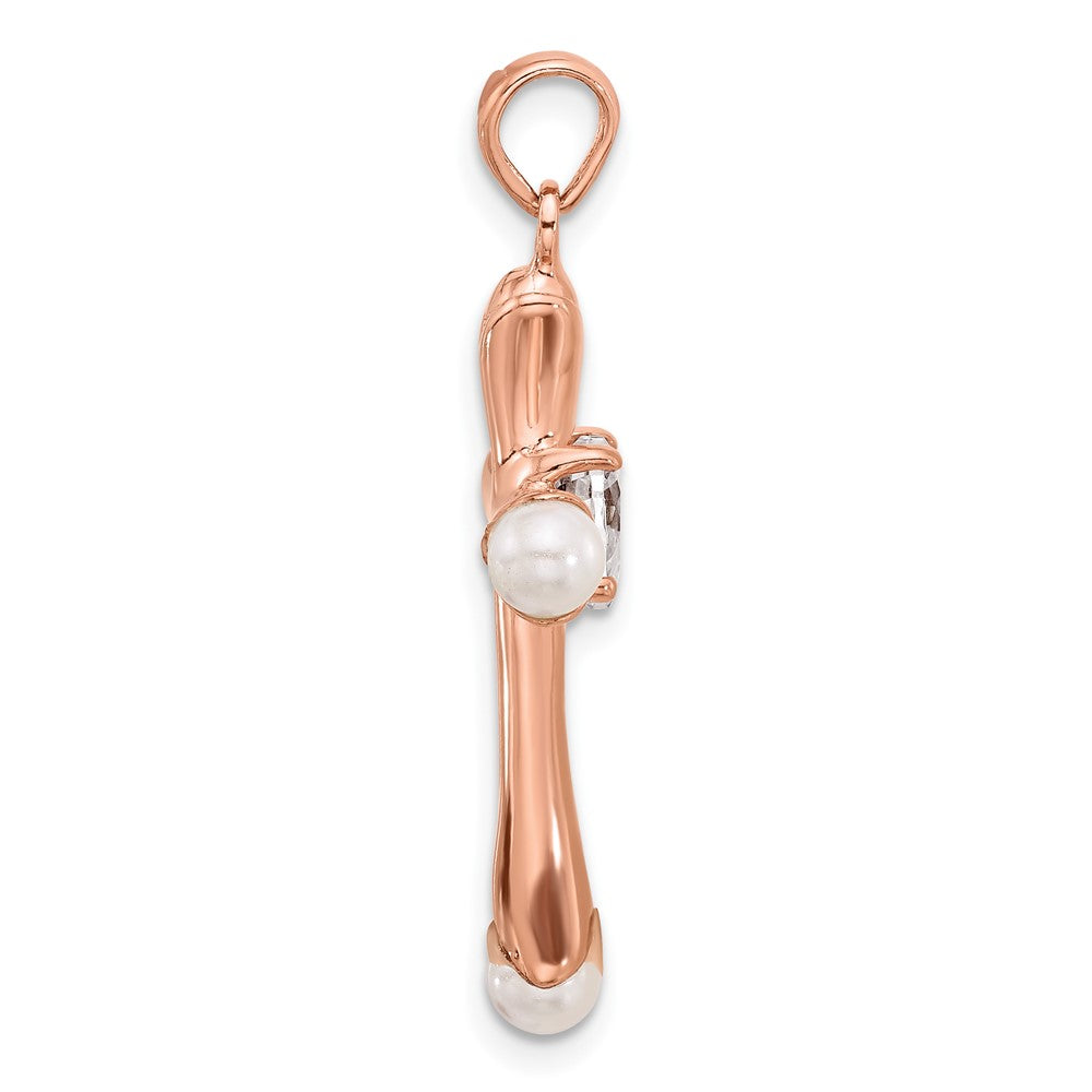 Sterling Silver Rose-tone Heart CZ and Synthetic Pearl Cross Pendant