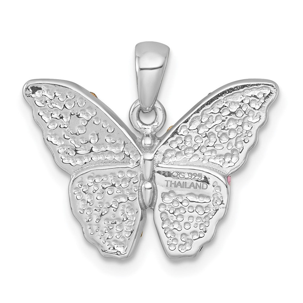 Sterling Silver Rhodium-plated Polished Purple/Green/Black Crystal Butterfly Pendant