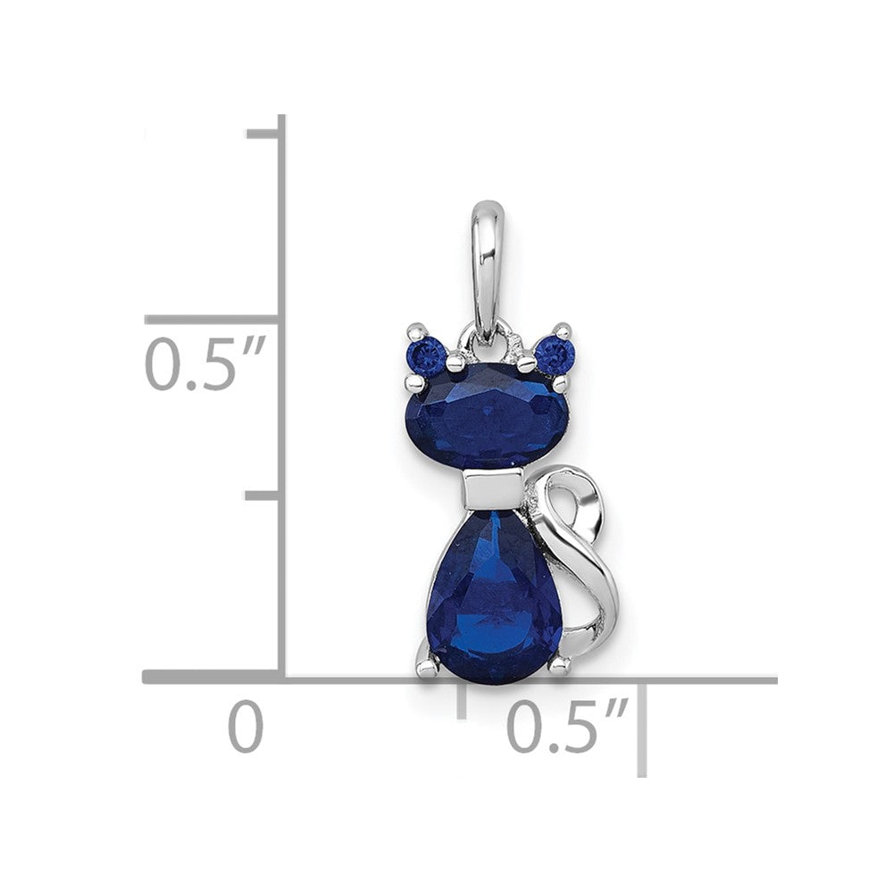 Sterling Silver Rhodium-plated Blue Lab Created Sapphire Cat Pendant