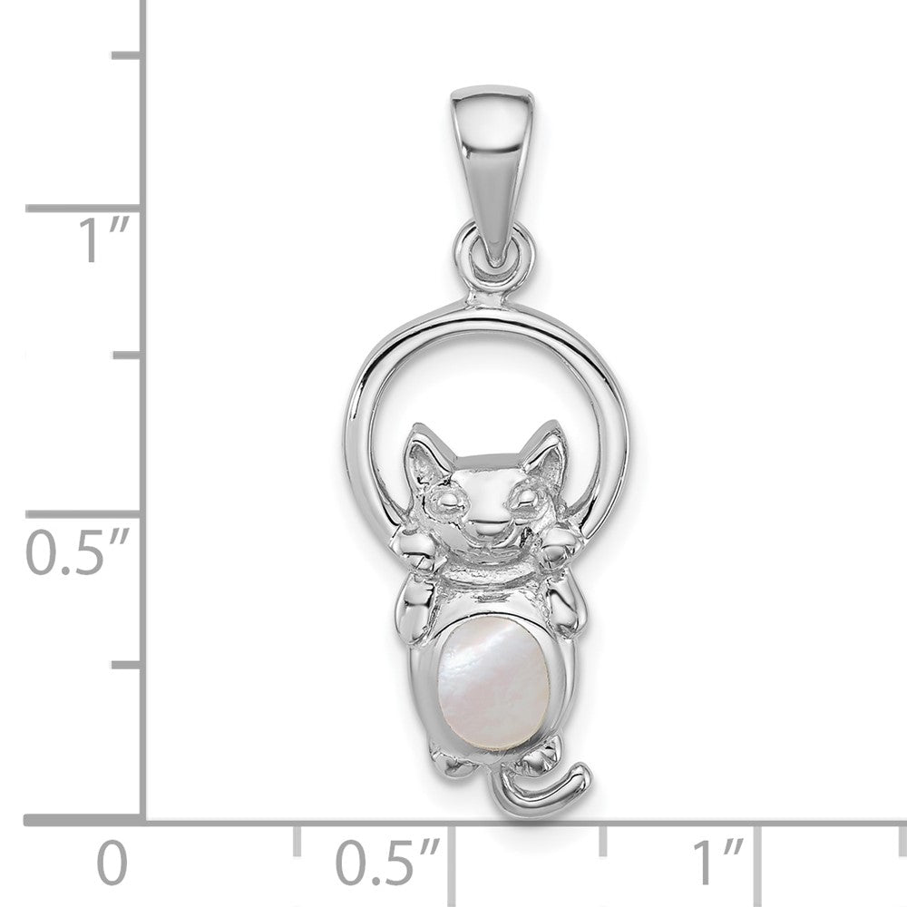 Sterling Silver Rhodium-plated Polished Mother of Pearl Cat Hanging on Ring Pendant