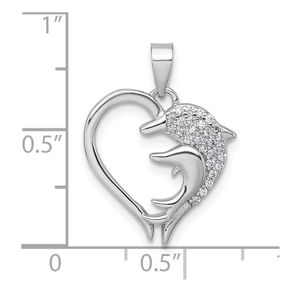 Sterling Silver Rhodium-plated Polished CZ Dolphins Heart Pendant