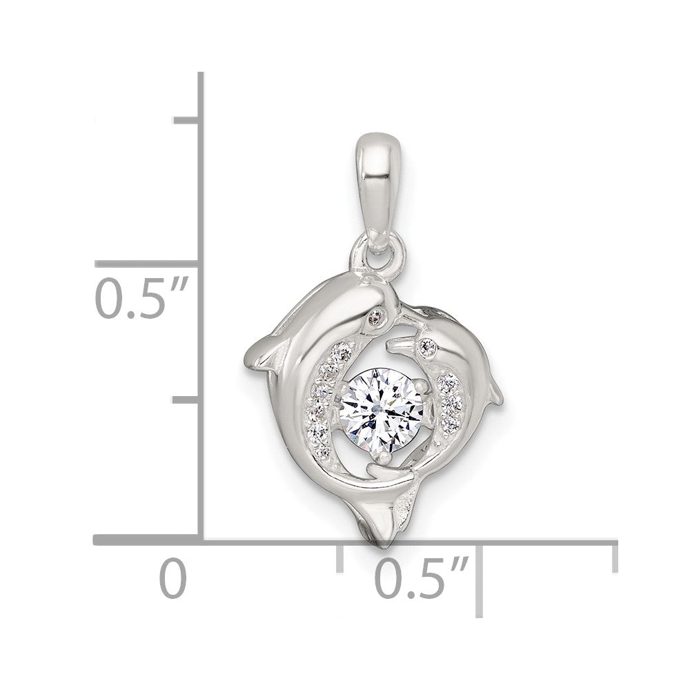Sterling Silver Polished Vibrant Moving CZ 2-Dolphin Pendant