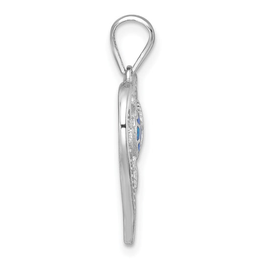 Sterling Silver Rhodium-plated Polished and Textured Blue Lab Created Opal and CZ Sealife Heart Pendant