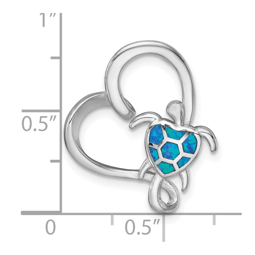 Sterling Silver Rhodium-plated Polished Blue Lab Created Opal Turtle Open Heart Chain Slide Pendant