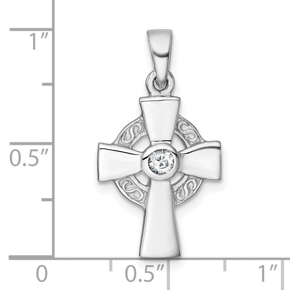 Sterling Silver Rhodium-plated Polished CZ Center Celtic Cross Pendant
