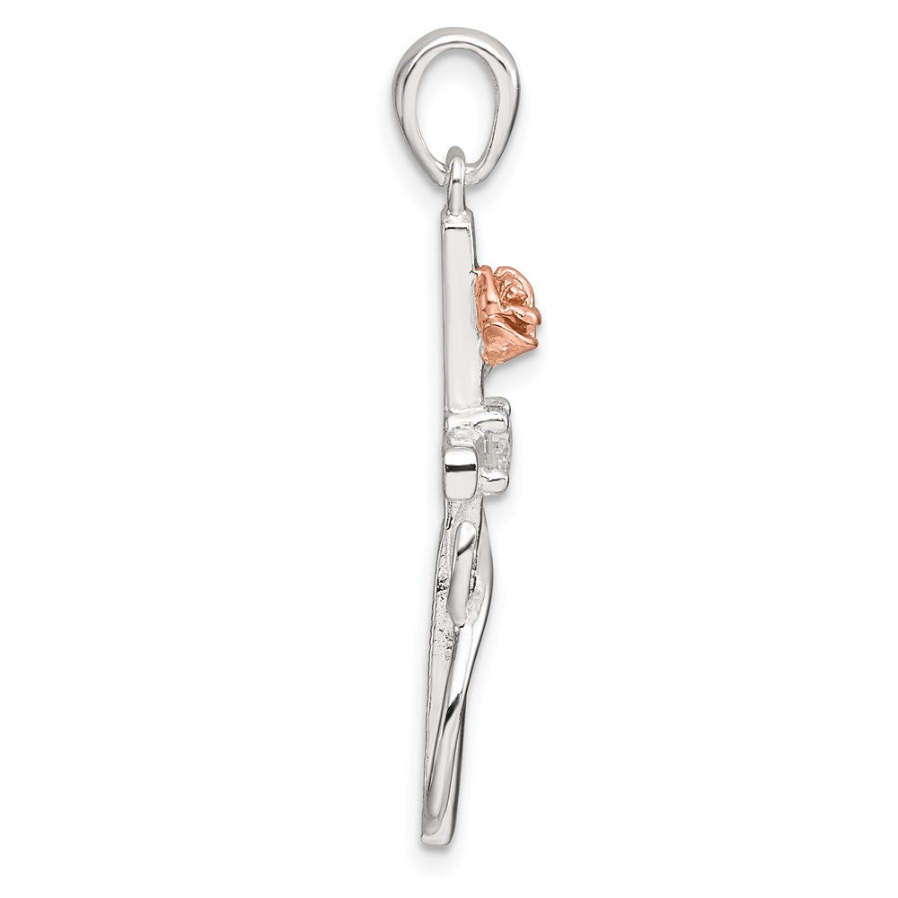 Sterling Silver E-Coat Polished Cross with CZ and Rose-tone Rose Pendant