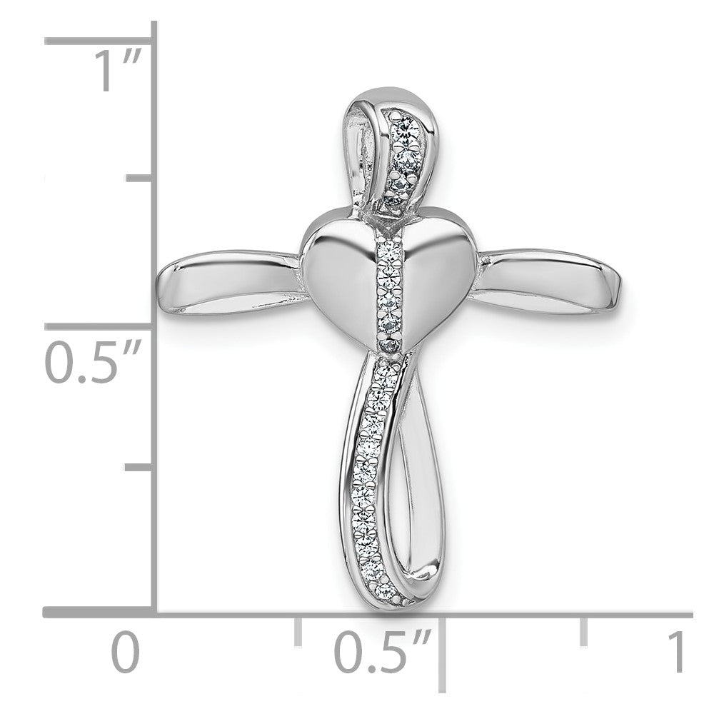 Sterling Silver Rhodium-plated Polished CZ Heart Cross Chain Slide Pendant