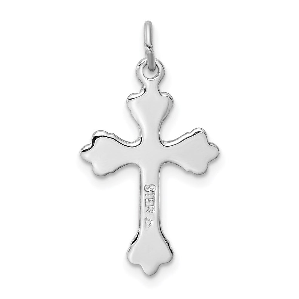 Sterling Silver Platinum-plated Blue Enameled Budded Cross Charm