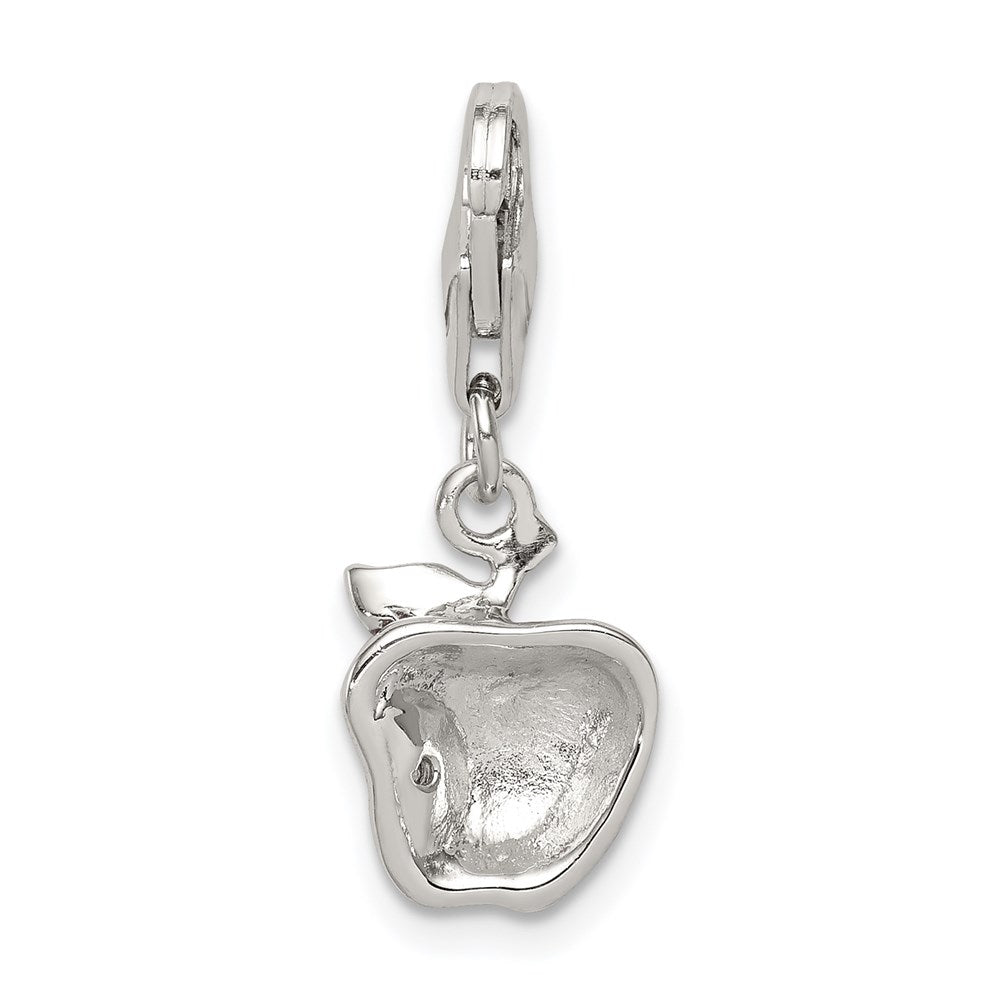 Sterling Silver Rhodium-plated CZ and Red Enameled Apple Charm