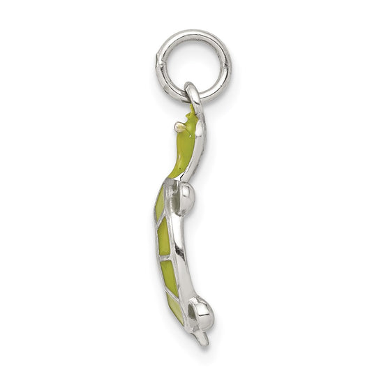 Sterling Silver Rhodium-plated Green Enameled Turtle Pendant