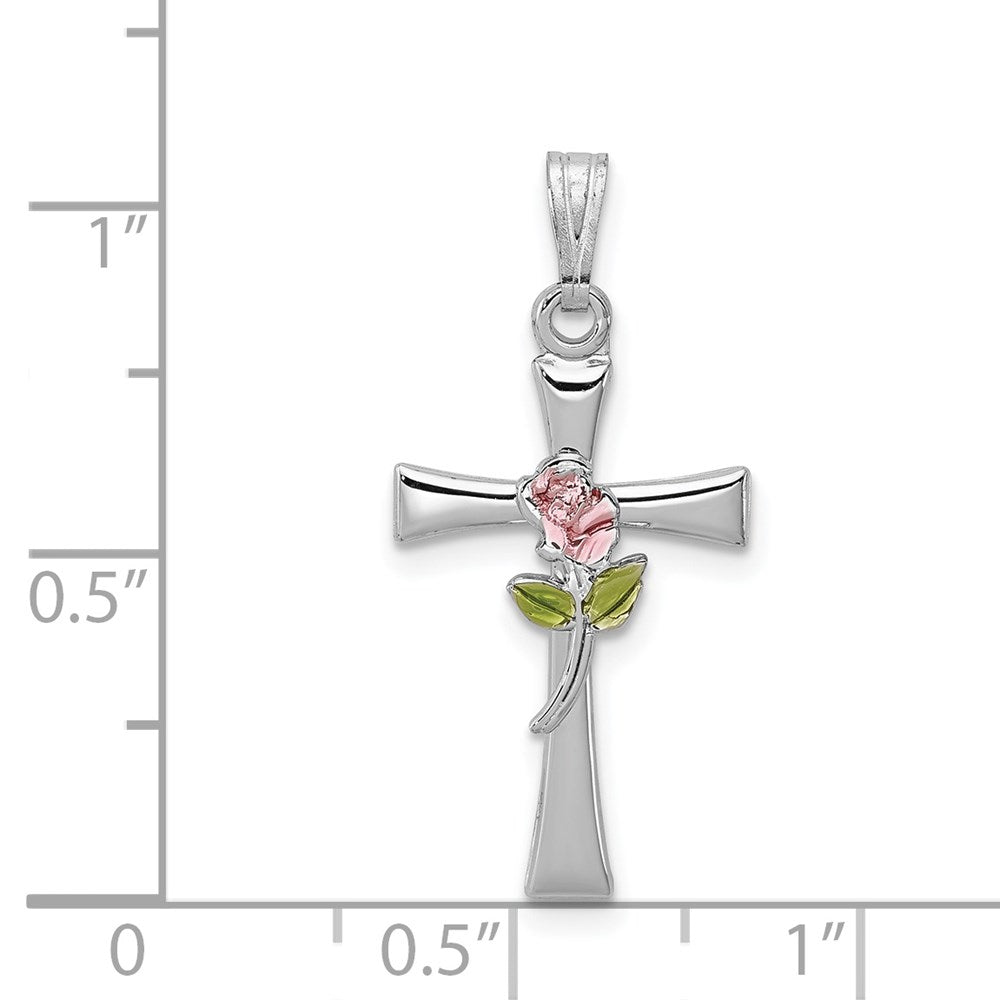 Sterling Silver Platinum-plated Cross with Epoxy Rose Center Pendant
