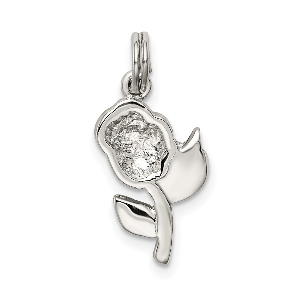 Sterling Silver Rhodium-plated Green and Red Enamel Rose Charm