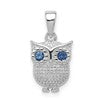 Sterling Silver Rhodium-plated with Blue Glass Owl Pendant