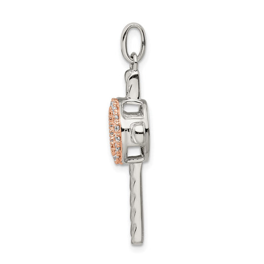 Sterling Silver Plat-plate Rose & Gold-tone Vibrant CZ Cross Pendant