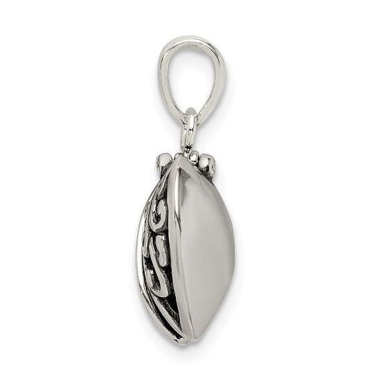 Sterling Silver Polished and Antiqued I LOVE YOU Message within a Decorative Scroll Patterned Moveable Opening Shell Heart Pendant